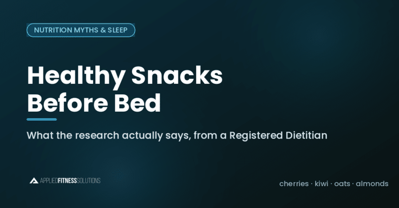 Dark teal graphic reading "Healthy Snacks Before Bed: what the research actually says, from a Registered Dietitian," with the Applied Fitness Solutions logo.