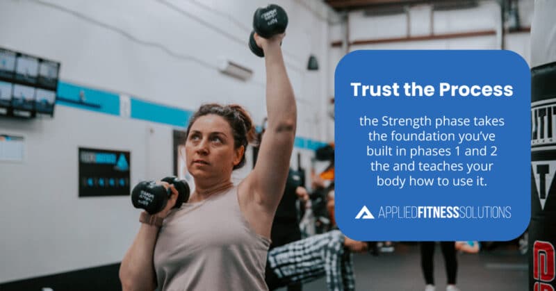 Adult performing a controlled barbell squat during a structured strength phase training session at Applied Fitness Solutions