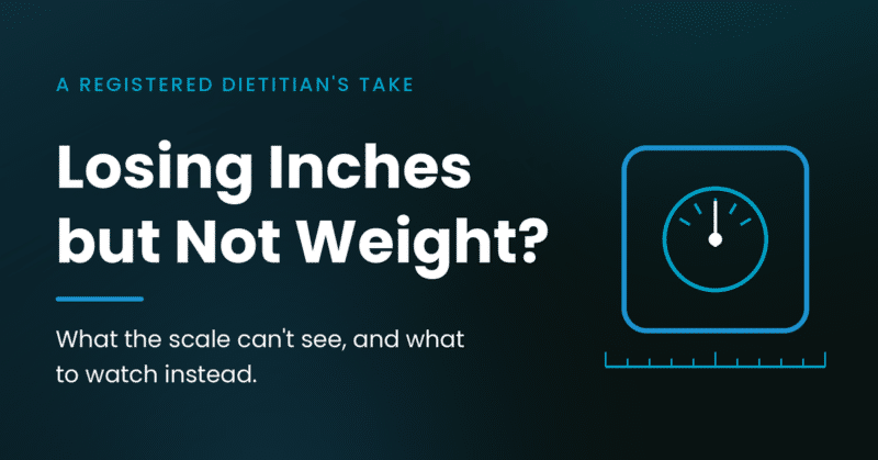 Tape measure wrapped around a bathroom scale, showing progress from losing inches but not weight